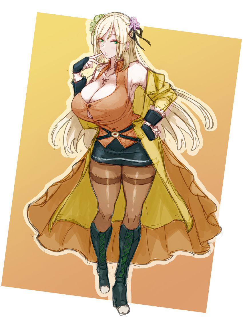 1girl, absurdres, akira_blanton, assault_lily, bare_shoulders, belt, black_belt, black_boots, black_gloves, black_ribbon, black_skirt, blonde_hair, blush, boots, border, breasts, brown_pantyhose, button_gap, buttons, cleavage, coat, collarbone, collared_shirt, commentary_request, dated_commentary, finger_to_mouth, fingerless_gloves, flower, frilled_sleeves, frills, full_body, gloves, gradient_background, green_eyes, green_flower, hair_between_eyes, hair_flower, hair_ornament, hair_ribbon, hand_on_own_cheek, hand_on_own_face, highres, huge_breasts, jewelry, knee_boots, lace-up_boots, long_hair, looking_at_viewer, mabuta_kayumi, miniskirt, multiple_belts, necklace, o-ring, o-ring_belt, off_shoulder, open_clothes, open_coat, orange_background, orange_shirt, outside_border, pantyhose, parted_lips, pencil_skirt, pendant, purple_flower, ribbon, shirt, sketch, skirt, sleeveless, sleeveless_shirt, solo, standing, thighband_pantyhose, very_long_hair, waist_cape, white_border, yellow_coat