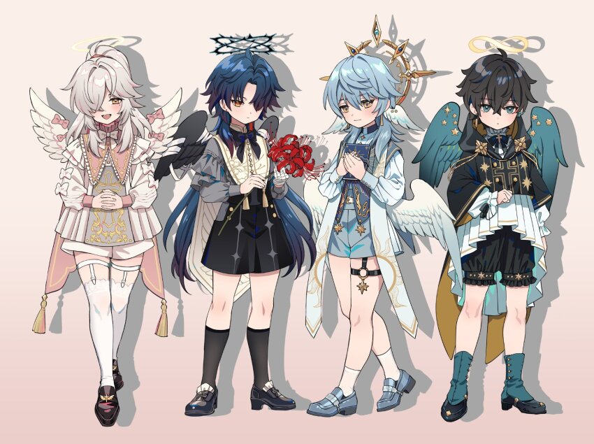 4boys, :d, aged_down, alternate_costume, angel, angel_wings, aqua_wings, arm_at_side