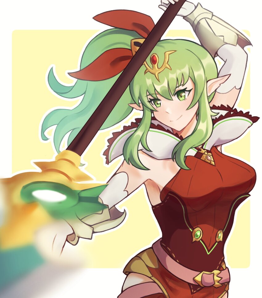 1girl, absurdres, alternate_costume, armpits, belt, breasts, closed_mouth, dotpyenji, dress, elbow_gloves, fire_emblem, fire_emblem_awakening, gloves, green_eyes, green_hair, hair_ornament, hair_ribbon, highres, holding, holding_polearm, holding_weapon, large_breasts, long_hair, nintendo, pointy_ears, polearm, ponytail, red_dress, ribbon, simple_background, sleeveless, sleeveless_dress, smile, solo, tiara, tiki_(adult)_(fire_emblem), tiki_(fire_emblem), vambraces, weapon, white_gloves
