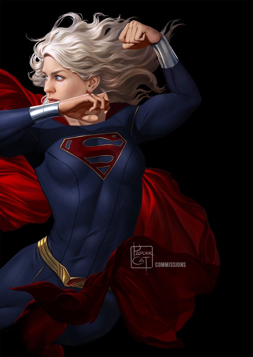 1girl, artist_name, blue_bodysuit, blue_eyes, bodysuit, breasts, cape, clenched_hand