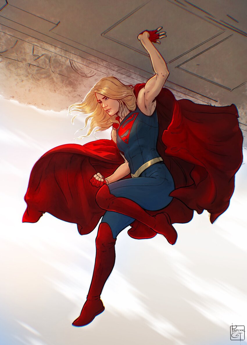 1girl, arm_up, artist_name, blue_bodysuit, blue_eyes, bodysuit, boots, cape