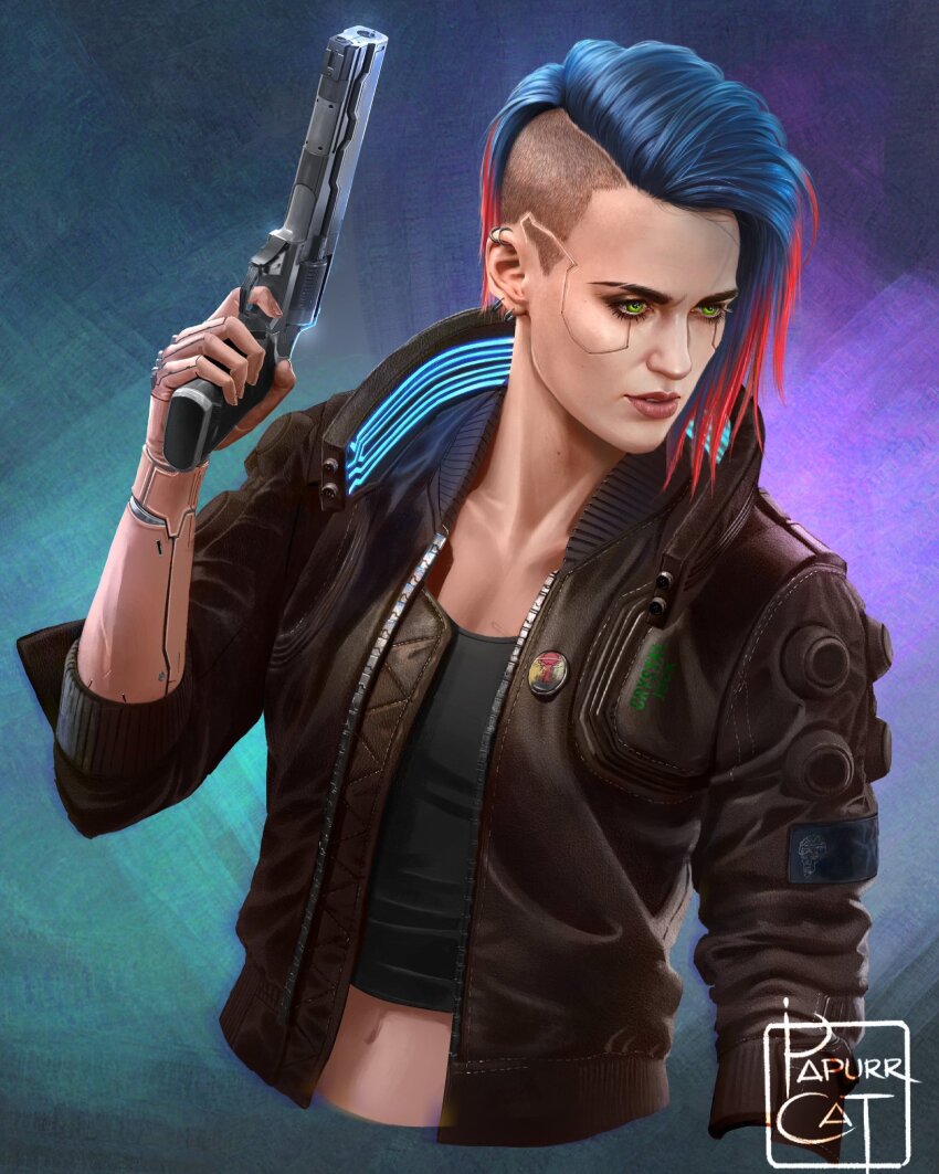 1boy, 1girl, artist_name, asymmetrical_hair, black_shirt, blue_hair, brown_jacket, crop_top