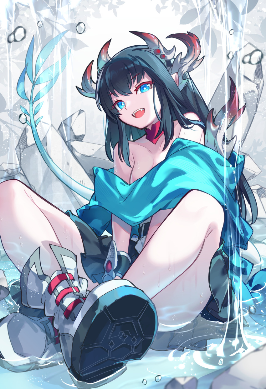 1girl, absurdres, black_hair, blue_eyes, blue_shirt, breasts, dragon_girl, dragon_horns