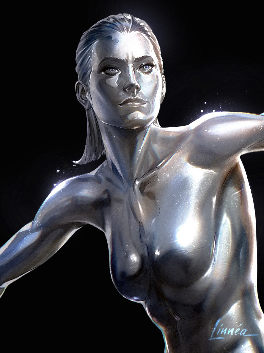 1girl, artist_name, black_background, breasts, fantastic_four, marvel, medium_hair, metal_hair, metal_skin, papurrcat, parted_lips, silver_surfer_(shalla-bal), simple_background, small_breasts, solo, the_fantastic_four:_first_steps