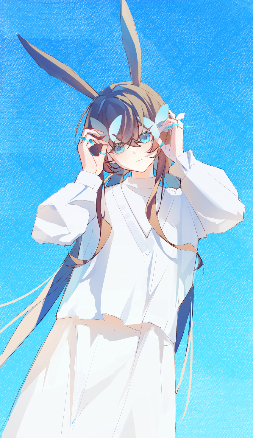 1girl, absurdres, amiya_(arknights), animal_ears, arknights, blue_eyes, brown_hair, butterfly_hair_ornament