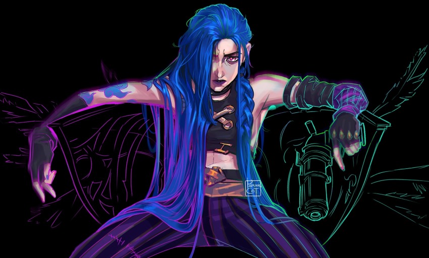 1girl, artist_name, black_gloves, blue_hair, fingerless_gloves, gloves, gun, hair_over_one_eye