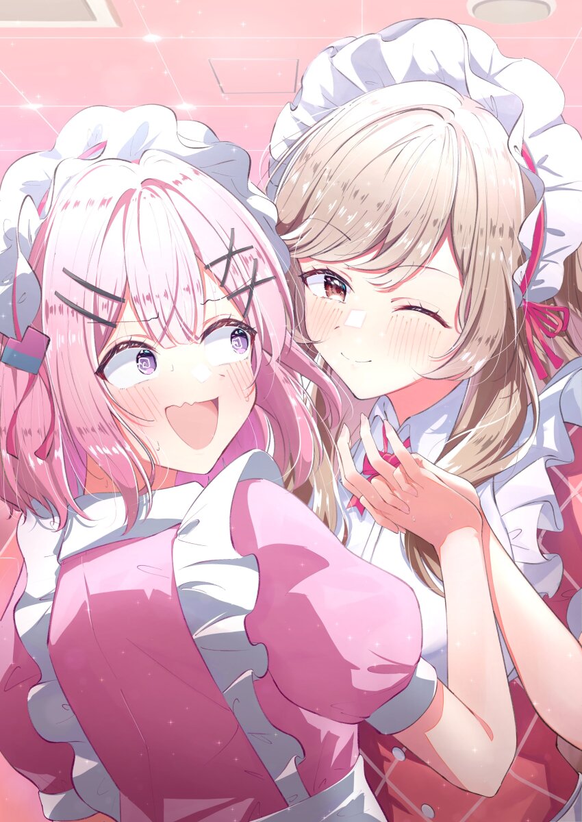 2girls, ;), @_@, absurdres, amaori_renako, apron, blonde_hair, blush