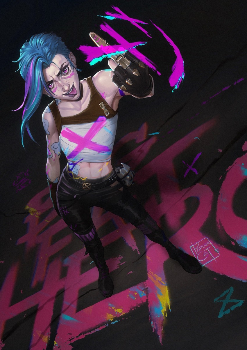 1girl, arcane_fractured_jinx, arm_tattoo, artist_name, black_pants, black_shoes, blue_hair, brown_gloves