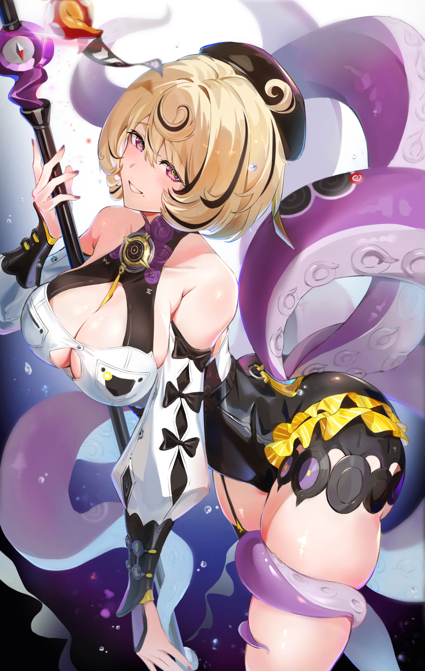 1girl, absurdres, bare_shoulders, between_breasts, black_hair, black_shorts, blonde_hair, breasts, cleavage, commentary, commentary_request, cowboy_shot, detached_sleeves, english_commentary, fingernails, green_pupils, grin, hair_between_eyes, halterneck, high-waist_shorts, highres, large_breasts, leaning_forward, leaning_on_weapon, long_hair, mixed-language_commentary, mole, mole_under_mouth, multicolored_hair, nail_polish, octopus_girl, purple_eyes, purple_nails, short_hair, shorts, smile, solo, standing, strap_between_breasts, streaked_hair, teeth, tentacles, yidhari_murphy, yuzuyu010, zenless_zone_zero
