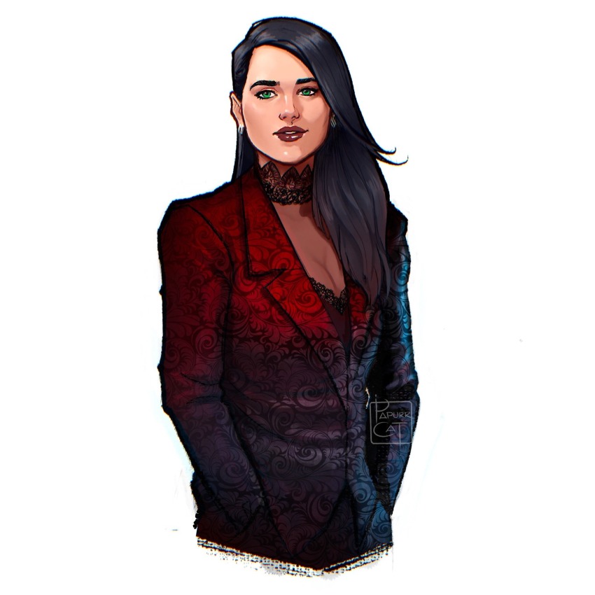 1girl, artist_name, black_hair, dc_comics, green_eyes, highres, jacket, lena_luthor, long_hair, looking_at_viewer, papurrcat, red_jacket, simple_background, solo, upper_body, white_background