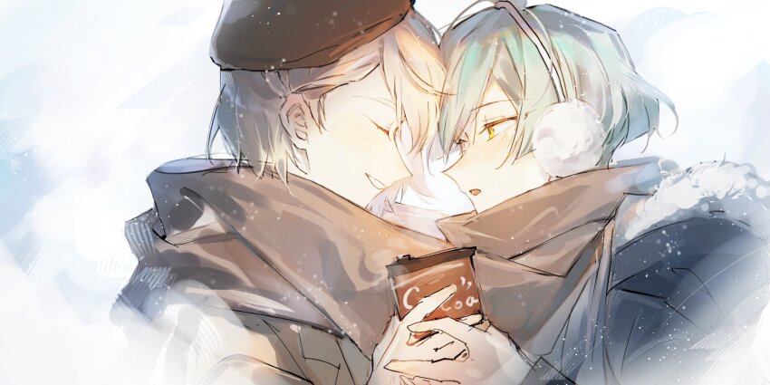 2boys, :d, :o, absurdres, aqua_hair, beret, black_coat, blonde_hair