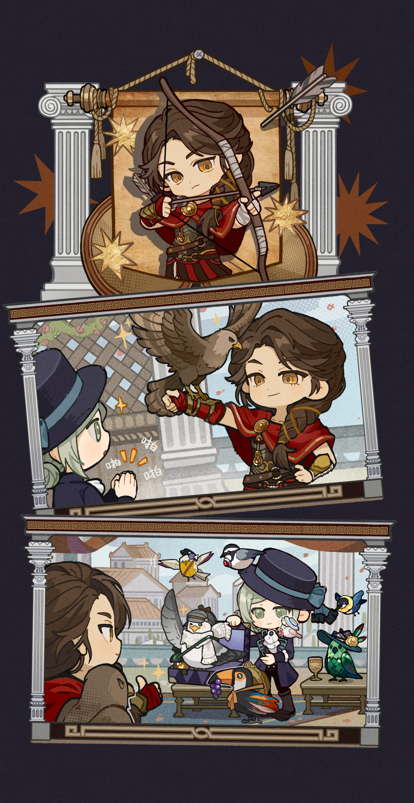 2girls, absurdres, animal_on_arm, animalization, apron, archery, arrow_(projectile), assassin's_creed:_odyssey