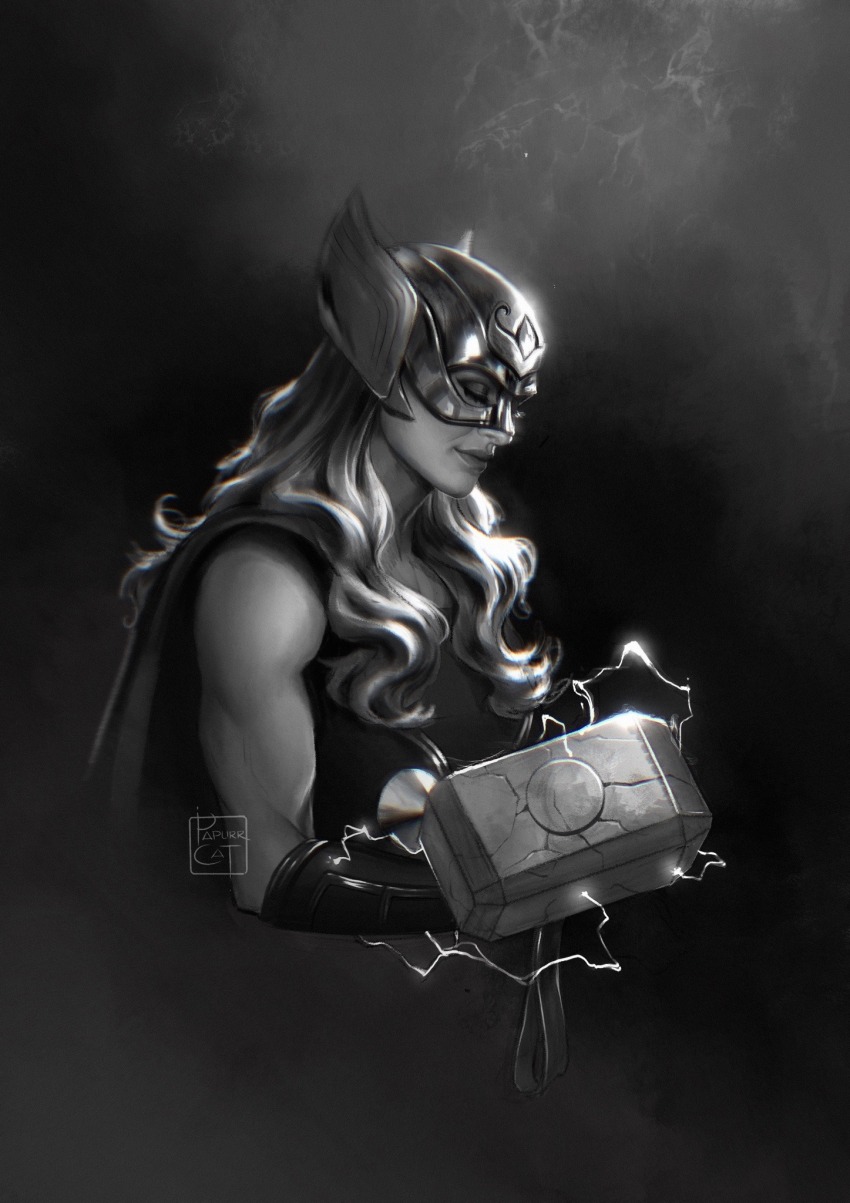 1girl, artist_name, from_side, greyscale, helmet, highres, jane_foster, long_hair