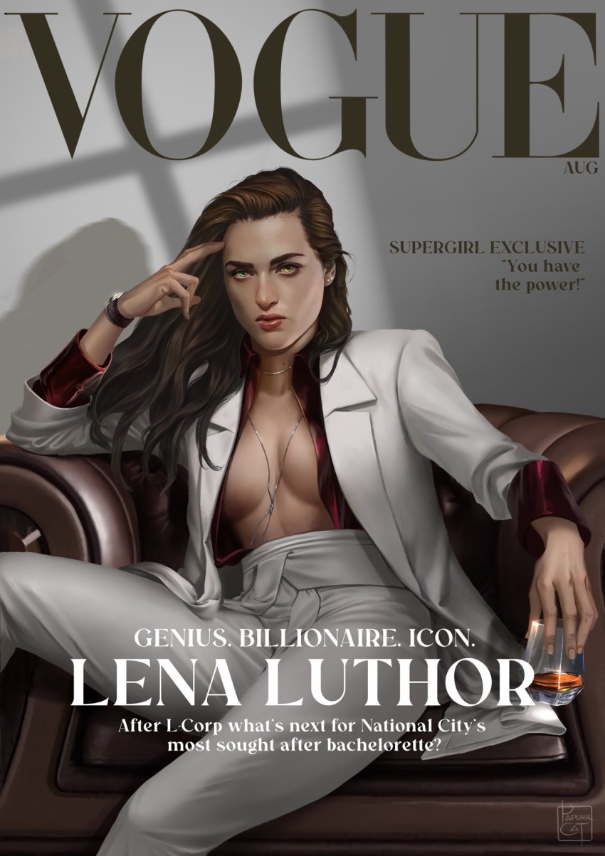 1girl, artist_name, breasts, brown_hair, cleavage, cover, cup, dc_comics