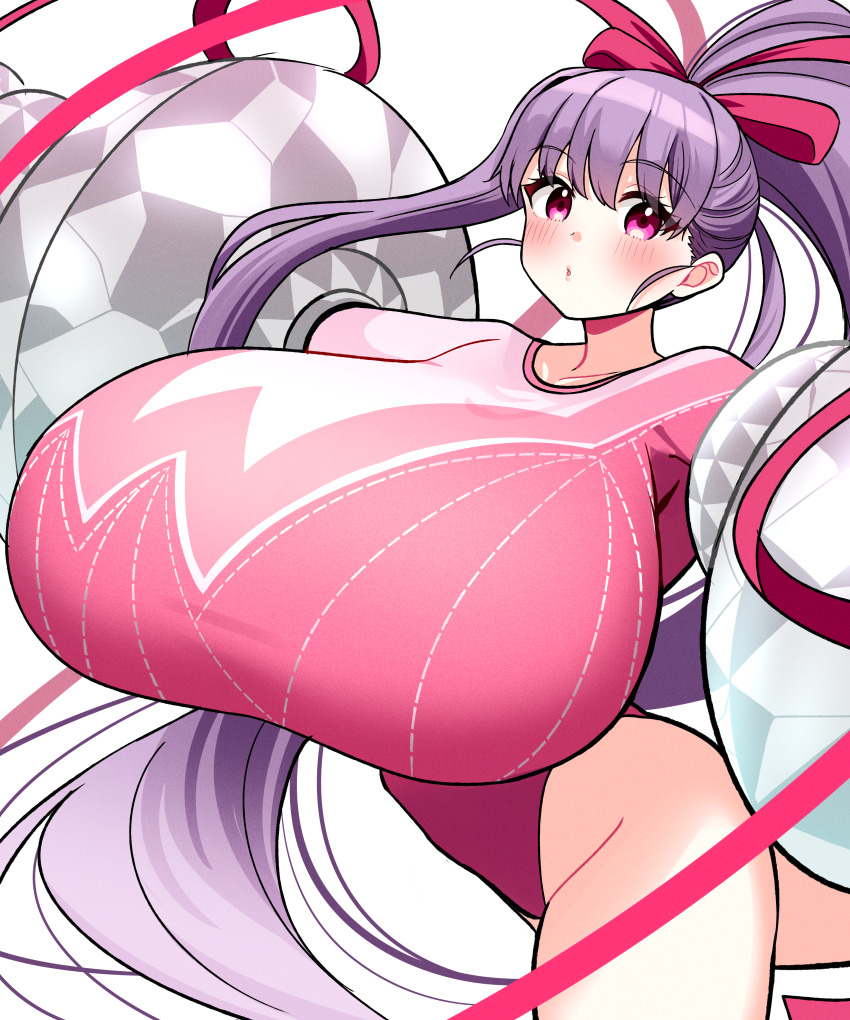 1girl, absurdres, blush, breasts, claw_(weapon), fate/grand_order, fate_(series), gigantic_breasts, hair_ribbon, high_ponytail, highres, leotard, long_hair, long_sleeves, looking_at_viewer, okome_(pixiv108949149), passionlip_(fate), passionlip_(swimsuit_saber)_(second_ascension)_(fate), pink_eyes, pink_leotard, pink_ribbon, ponytail, purple_hair, ribbon, sleeved_leotard, solo, thighs, very_long_hair, weapon