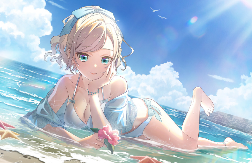 1girl, bare_shoulders, barefoot, beach, bikini, bird, blue_jacket, blue_ribbon