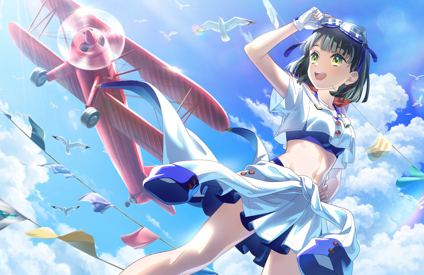 1girl, :d, adjusting_goggles, aircraft, airplane, ao_no_tsubame_(love_live!), arm_up, bare_shoulders, biplane, bird, black_hair, blue_sky, blue_sports_bra, blunt_bangs, clothes_around_waist, cloud, collarbone, cowboy_shot, crop_top, fingerless_gloves, game_cg, gloves, goggles, goggles_on_head, hand_on_own_hip, highres, jacket, jacket_around_waist, linea_alba, link!_like!_love_live!, love_live!, miniskirt, momose_ginko, navel, non-web_source, off-shoulder_shirt, off_shoulder, official_alternate_costume, official_art, open_mouth, outdoors, pleated_skirt, seagull, self-datamine, shirt, short_hair, skirt, sky, smile, solo, sports_bra, stomach, string_of_flags, virtual_youtuber, white_gloves, white_jacket, white_shirt