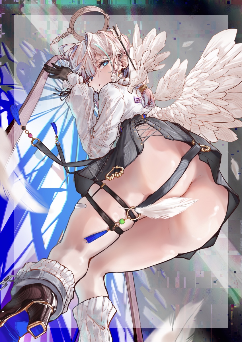 1girl, absurdres, angel_wings, arcaea, ass_cutout, bandage_on_face, bandages, bandaid, bandaid_on_face, black_gloves, black_skirt, blue_eyes, blue_hair, breasts, cleft_of_venus, clothing_cutout, compassion_(arcaea), detached_wings, from_below, full_body, glitch, gloves, grey_hair, highres, long_sleeves, medium_breasts, multicolored_hair, pussy, shirt, short_hair, skirt, socks, solo, streaked_hair, thigh_strap, toqin_(munm2577), white_shirt, white_socks, white_wings, wings