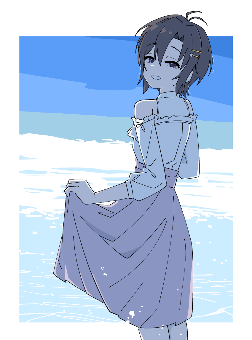 1girl, absurdres, antenna_hair, black_eyes, black_hair, border, from_behind, grin, hair_ornament, hairclip, highres, holding_own_skirt, idolmaster, idolmaster_(classic), idolmaster_million_live!, idolmaster_million_live!_theater_days, kikuchi_makoto, kikuchi_makoto_(private_dress), looking_at_viewer, official_alternate_costume, ohgi910, outside_border, shirt, short_hair, skirt, smile, solo, standing, three-quarter_sleeves, white_border