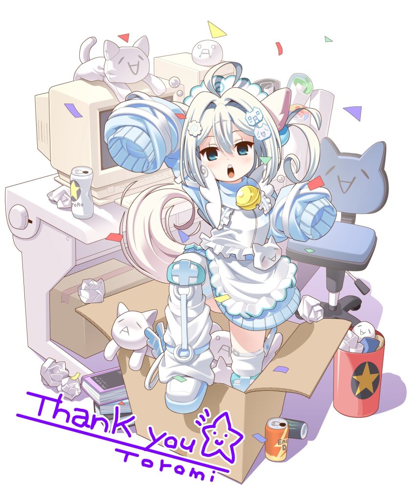 1girl, 2channel, :o, ahoge, animal_ears, apron, artist_name, bell, blue_eyes, blue_jacket, blue_shoes, box, cardboard_box, character_request, commentary_request, commission, crt, food-themed_hair_ornament, full_body, giko_neko, hair_between_eyes, hair_bobbles, hair_intakes, hair_ornament, hands_up, highres, indie_virtual_youtuber, jacket, jersey_maid, jingle_bell, long_sleeves, looking_at_viewer, loose_socks, maid, maid_headdress, medium_hair, mona_(2ch), monitor, narutomaki_hair_ornament, neck_bell, open_mouth, sharp_teeth, shoes, skeb_commission, sleeves_past_fingers, sleeves_past_wrists, socks, solo, stuffed_animal, stuffed_cat, stuffed_toy, tail, teeth, tenshi_kaiwai, thank_you, thighhighs, toromi_(toromix2), two_side_up, unconventional_maid, virtual_youtuber, white_apron, white_hair, white_thighhighs