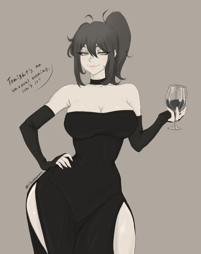 1girl, bare_shoulders, black_dress, breasts, cleavage, cocktail_dress, dress, hand_on_own_hip