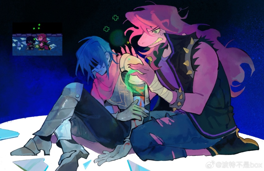 1girl, 1other, armlet, armor, bandaged_arm, bandages, black_unitard, blood