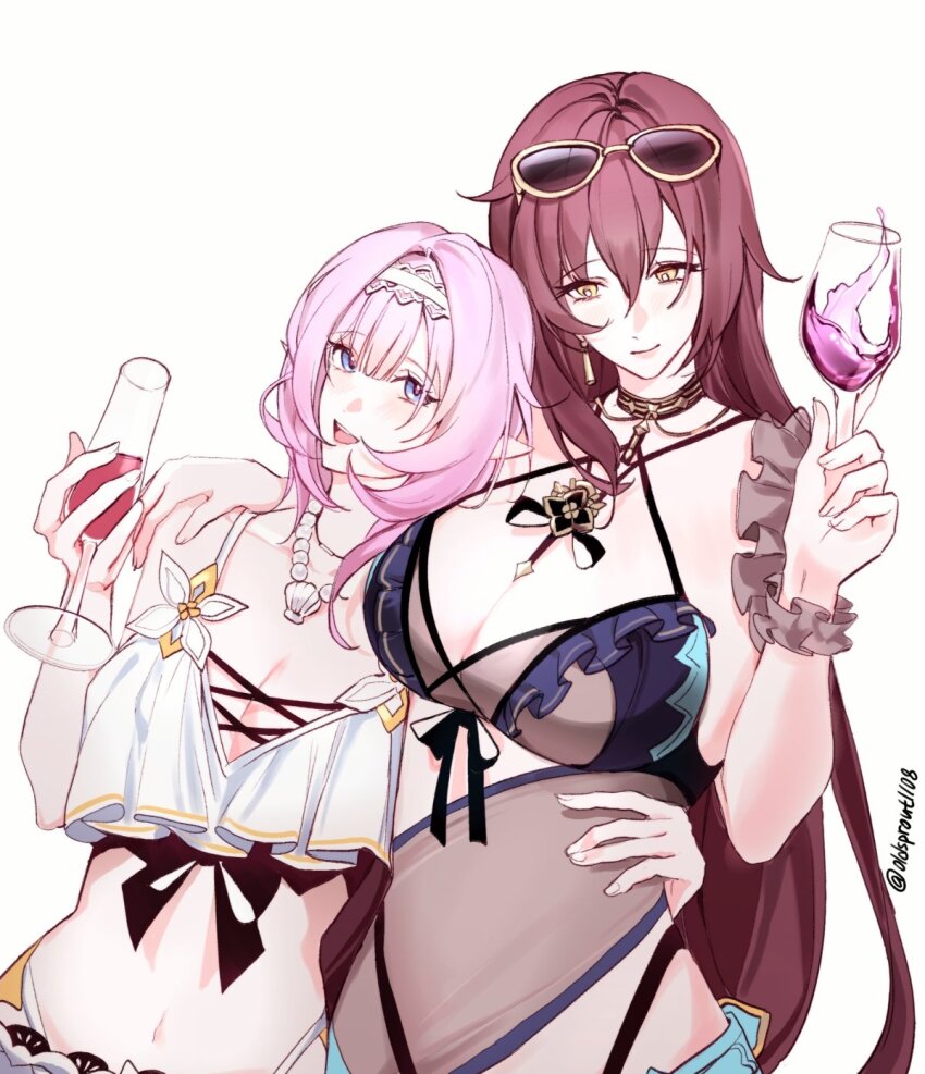 2girls, bikini, black_bikini, blue_eyes, breasts, brown_hair, champagne_flute, cleavage
