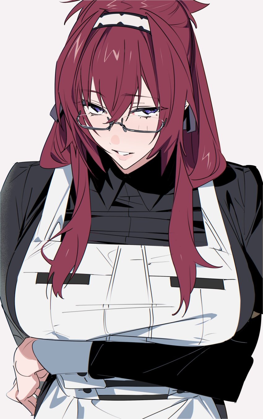 1girl, apron, arm_under_breasts, breasts, glasses, hairband, highres, large_breasts, lillia_greyrat, long_hair, long_sleeves, looking_at_viewer, maid, mature_female, mole, mole_under_eye, mushoku_tensei, neguko, parted_lips, purple_eyes, red_hair, sidelocks, simple_background, smile, solo, upper_body, white_background