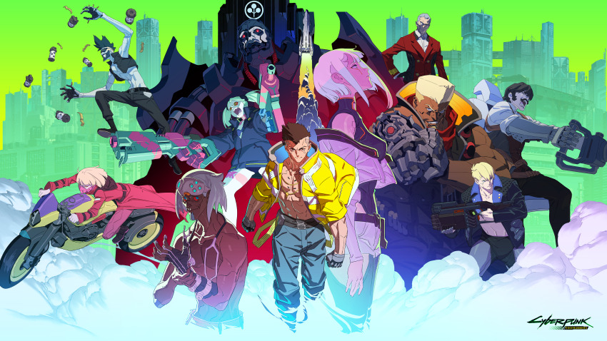 4girls, 6+boys, absurdres, adam_smasher, alt_text, brother_and_sister, cd_projekt_red, commentary, cyberpunk, cyberpunk:_edgerunners, cyberpunk_(series), cyborg, dark-skinned_male, dark_skin, david_martinez, dorio_(cyberpunk), english_commentary, english_text, explosive, falco_(cyberpunk), faraday_(cyberpunk), stun_grenade, glowing, glowing_eyes, goggles, goggles_on_head, grenade, highres, kiwi_(cyberpunk), lucy_(cyberpunk), maine_(cyberpunk), mechanical_arms, multiple_boys, multiple_girls, official_art, pilar_(cyberpunk), rebecca_(cyberpunk), siblings, trigger_(company)