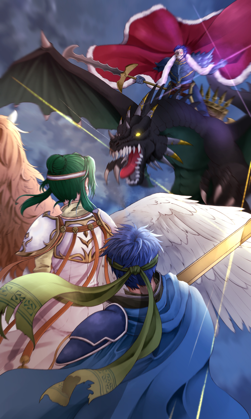 1girl, 2boys, absurdres, aplche, armor, ashnard_(fire_emblem), cape, commentary_request