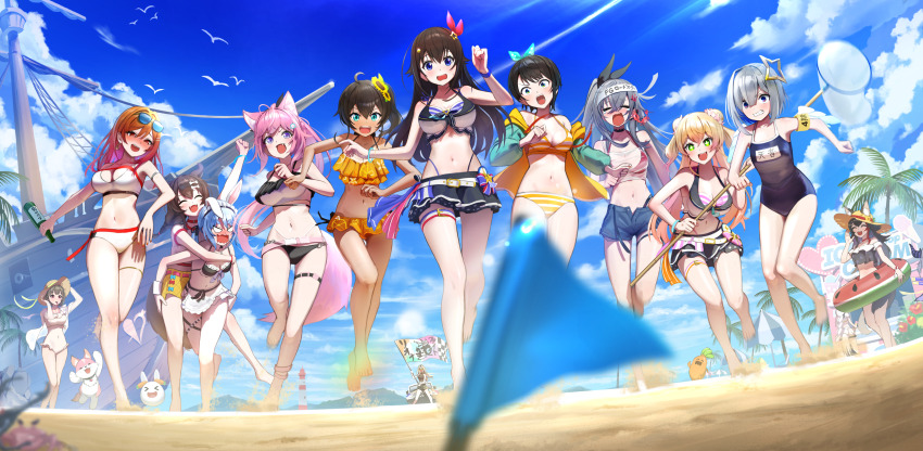+_+, 6+girls, :d, absurdres, amane_kanata, animal_ears, aqua_eyes, armband