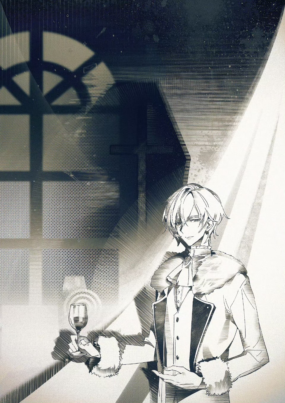 1boy, ascot, beret_cj, brooch, cup, drinking_glass, formal_clothes, fur-trimmed_collar