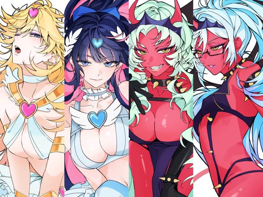 4girls, angel, angel_and_devil, armlet, blonde_hair, blue_eyes, blue_hair, breasts, center_opening, cleavage, collar, colored_skin, demon_girl, demon_horns, glasses, green_hair, grin, hashtag-only_commentary, highres, horns, jewelry, kneesocks_(psg), large_breasts, long_hair, looking_at_viewer, multicolored_hair, multiple_girls, nyugi0v0, panty_&amp;_stocking_with_garterbelt, panty_(psg), pink_hair, ponytail, purple_eyes, red_skin, scanty_(psg), sharp_teeth, siblings, sisters, smile, spiked_armlet, spiked_collar, spikes, stocking_(psg), teeth, two-tone_hair, yellow_eyes