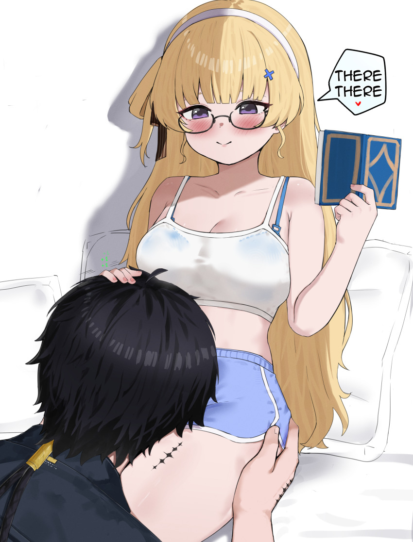 1boy, 1girl, 2na_(blue2na), absurdres, alternate_costume, bare_shoulders, bespectacled, black-framed_eyewear