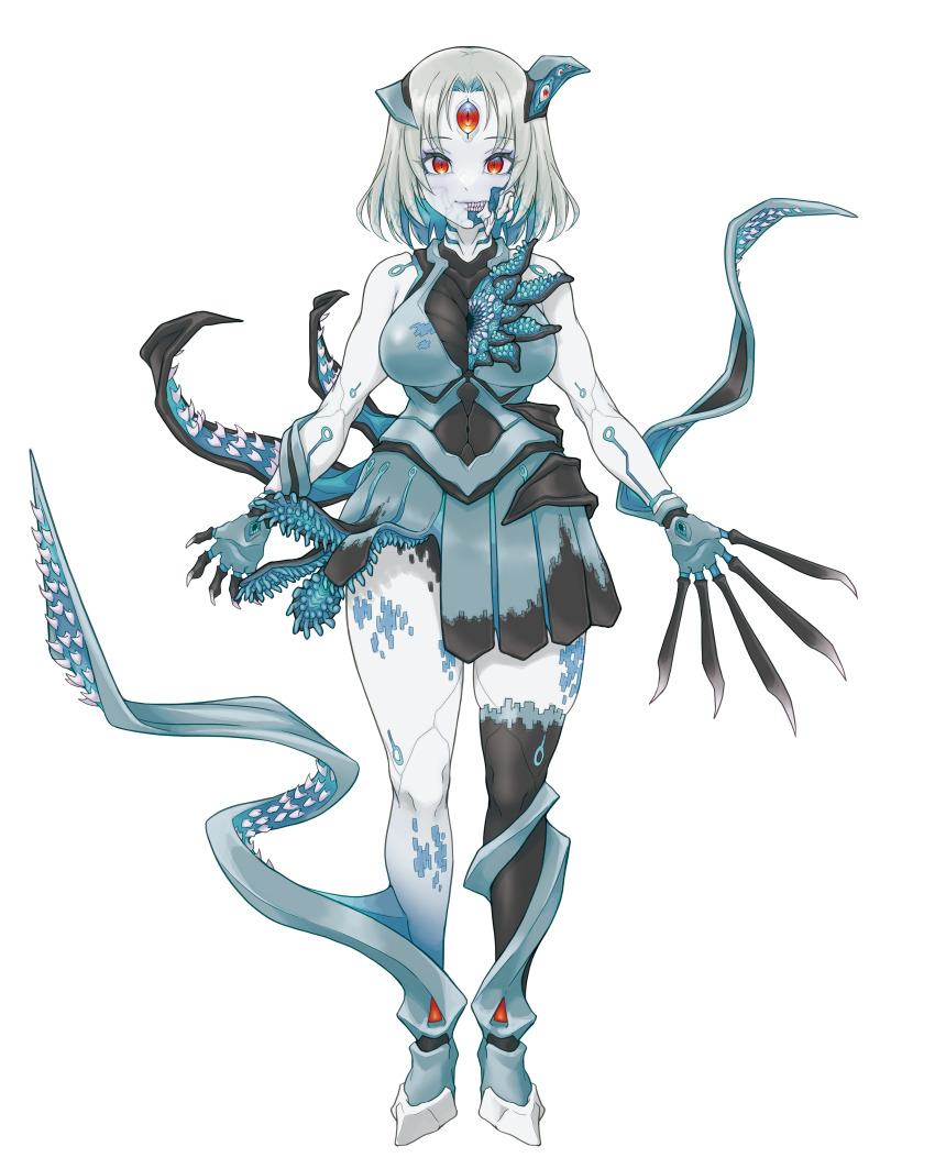 1girl, absurdres, aqua_hair, arms_at_sides, assault_lily, bare_shoulders, bifurcated_jaw, black_shirt, black_skirt, black_thighhighs, boots, breasts, chest_mouth, claws, colored_inner_hair, colored_skin, commentary_request, dated_commentary, full_body, grey_boots, grey_hair, grey_shirt, grey_skirt, highres, large_breasts, looking_at_viewer, mabuta_kayumi, miniskirt, monster_girl, multicolored_boots, multicolored_hair, parted_bangs, pleated_skirt, red_eyes, rusalka_(assault_lily), shirt, short_hair, simple_background, single_thighhigh, skirt, solo, standing, tentacle_clothes, tentacles, thighhighs, third_eye, translation_request, two-tone_boots, two-tone_hair, two-tone_shirt, two-tone_skirt, white_background, white_boots, white_skin