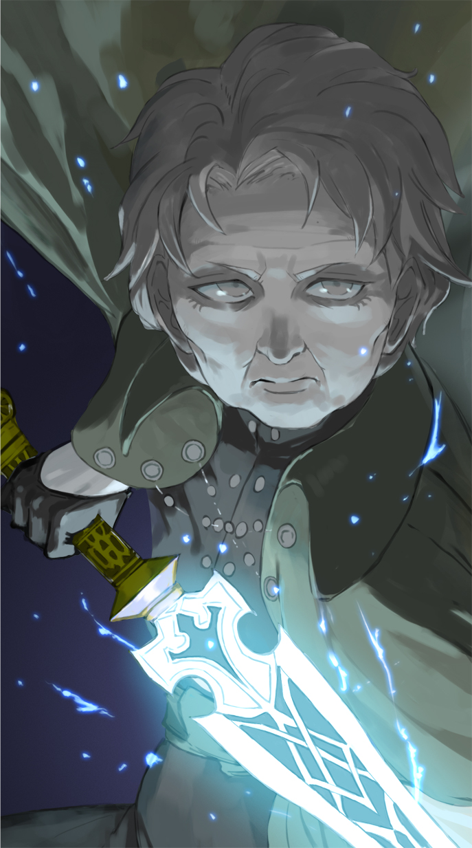 1girl, coat, glowing, glowing_sword, glowing_weapon, highres, holding, holding_sword, holding_weapon, mushoku_tensei, n_furaibou, old, old_woman, pixie_cut, reida_reia, staring, sword, trench_coat, weapon, white_hair