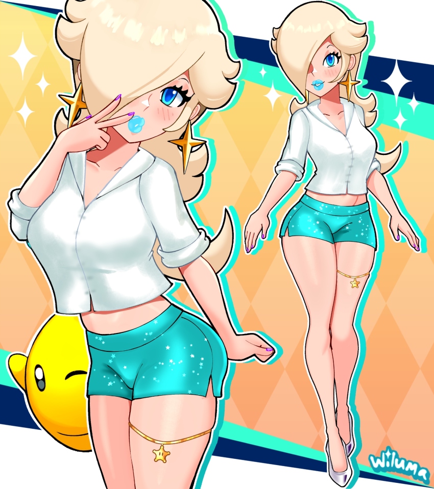 1girl, aran_shorts, blonde_hair, blue_eyes, blue_lips, earrings, hair_over_one_eye, highres, jewelry, long_hair, luma_(mario), mario_(series), mario_kart, nintendo, rosalina, shirt, shoes, star_(symbol), star_earrings, super_mario_galaxy, white_shirt, white_shoes, wiluma