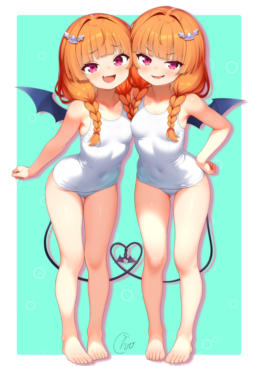2girls, absurdres, ashita_(sound_voltex), bemani, blush, braid, breasts, cawol_(sound_voltex), chro, covered_navel, demon_girl, demon_tail, demon_wings, fang, feet, full_body, hair_ornament, hairclip, highres, legs, leotard, loli, looking_at_viewer, multiple_girls, one-piece_swimsuit, orange_hair, siblings, sisters, skin_fang, small_breasts, smile, sound_voltex, standing, swimsuit, tail, thighs, toes, twin_braids, twins, white_one-piece_swimsuit, wings