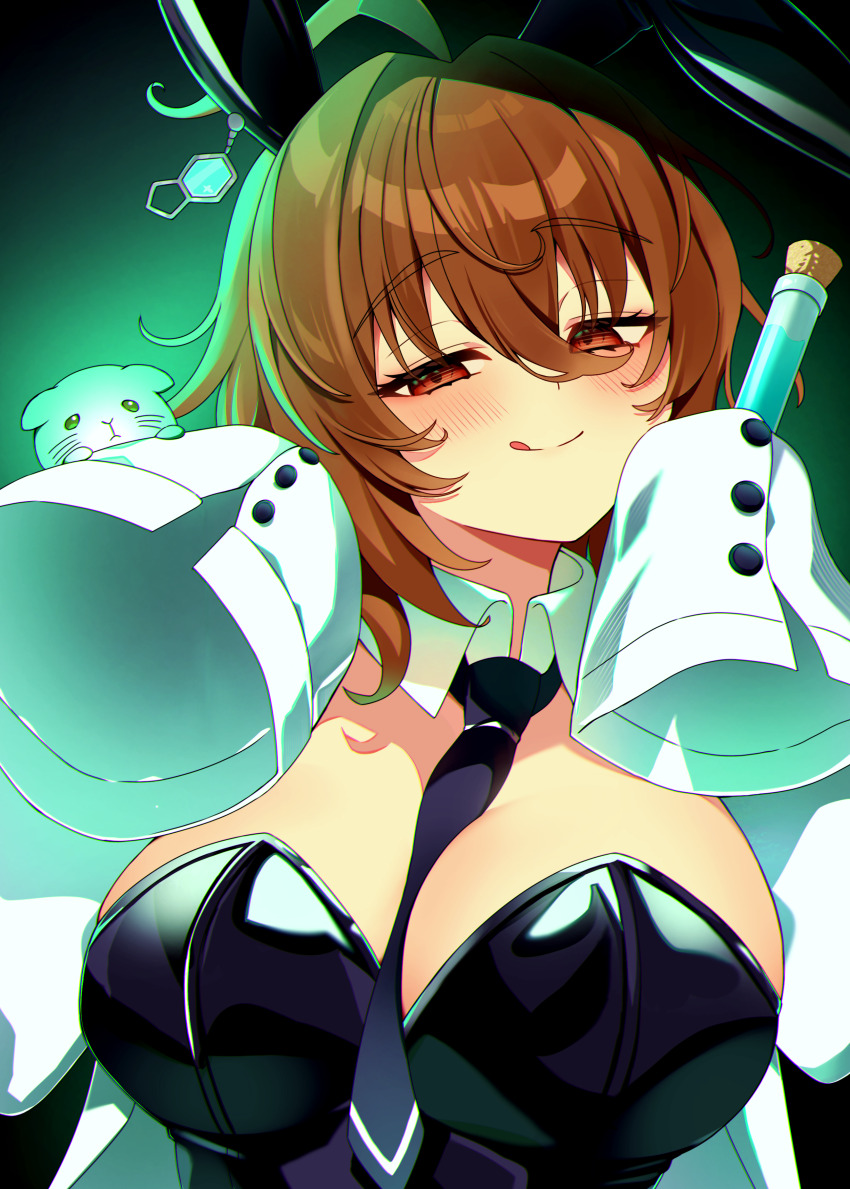 1girl, absurdres, agnes_tachyon_(umamusume), animal_ears, between_breasts, black_leotard, black_necktie, blush