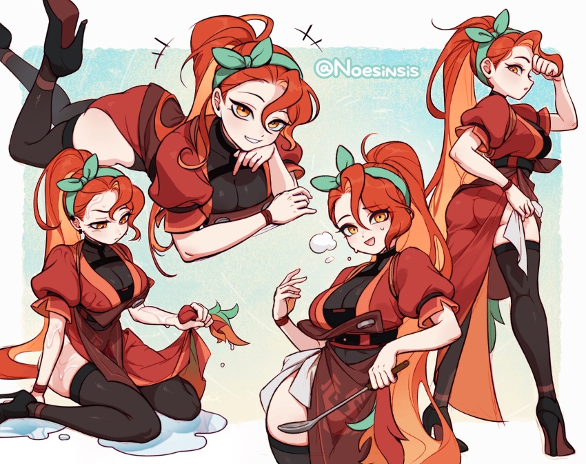 1girl, apron, aqua_background, artist_name, ass, black_shoes, black_thighhighs, border