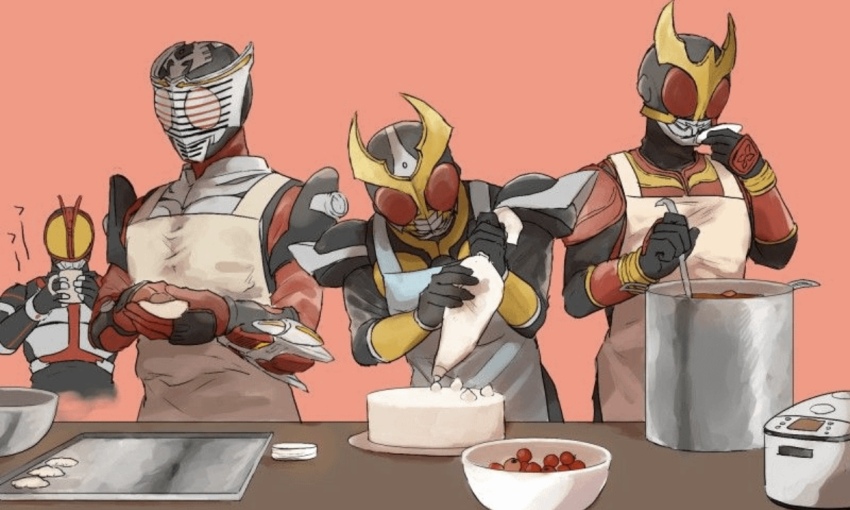 4boys, apron, armor, bad_id, bad_pixiv_id, baking, blowing, bowl