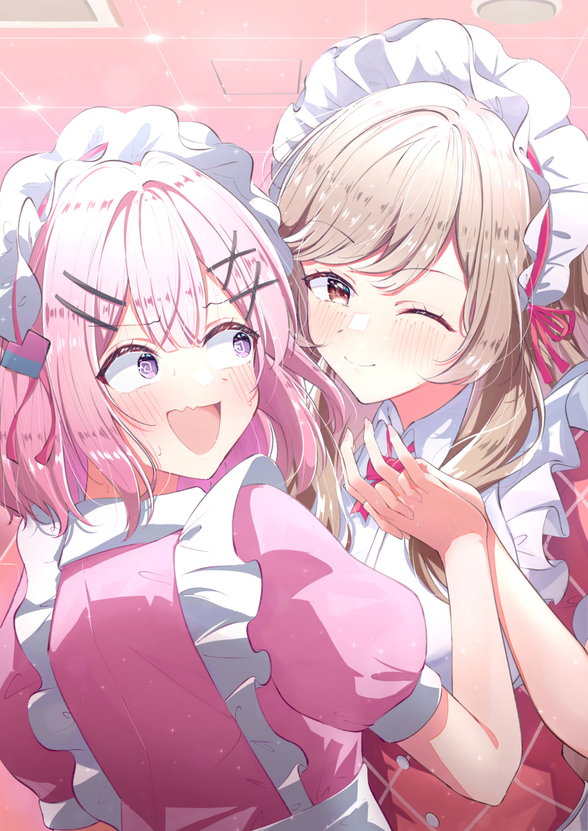 2girls, ;), @_@, absurdres, alternate_costume, amaori_renako, apron, blush