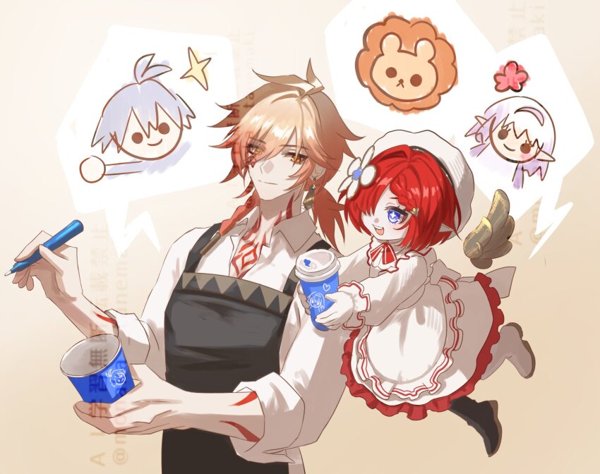 1boy, 1girl, apron, arm_tattoo, beads, beret, black_apron, blonde_hair, blue_eyes, braid, castorice_(honkai:_star_rail), chest_tattoo, collared_shirt, cross-shaped_pupils, cup, disposable_coffee_cup, disposable_cup, dress, facial_tattoo, gloves, gradient_hair, hair_beads, hair_between_eyes, hair_ornament, hat, highres, holding, holding_cup, honkai:_star_rail, honkai_(series), maid, medium_hair, multicolored_hair, mydei_(delicacies)_(honkai:_star_rail), mydei_(honkai:_star_rail), official_alternate_costume, open_mouth, phainon_(honkai:_star_rail), red_hair, red_tattoo, shirt, short_hair, shorts, side_braid, sleeves_rolled_up, smile, solo, symbol-shaped_pupils, tanemaki_monaka, tattoo, tribbie_(delicacies)_(honkai:_star_rail), tribbie_(honkai:_star_rail), whisk, white_dress, white_gloves, white_hat, white_shirt, white_shorts, yellow_eyes