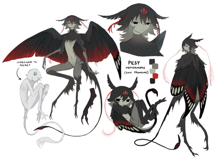 2others, arthropod_boy, black_tail, body_fur, character_name, chibi, chibi_inset, closed_mouth, digitigrade, expressionless, feathered_wings, forehead_jewel, full_body, harpy_boy, highres, insect_wings, jejejunum, monster_boy, moth_boy, moth_wings, multicolored_fur, multicolored_wings, multiple_others, no_mouth, no_nose, orb, original, pest_(jejejunum), red_wings, reference_sheet, secret_(jejejunum), white_background, white_fur, white_tail, wings