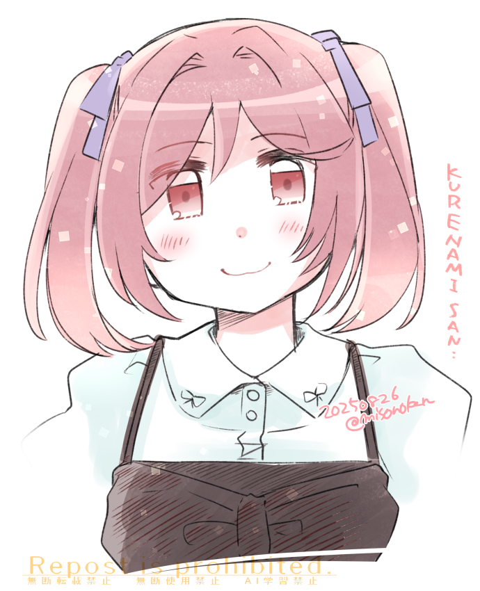 1girl, breasts, brown_dress, collared_shirt, dated, dress, dress_shirt, hair_ribbon