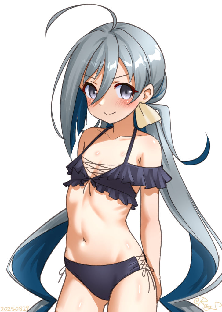 1girl, ahoge, bikini, black_bikini, blue_hair, breasts, colored_inner_hair, contrapposto