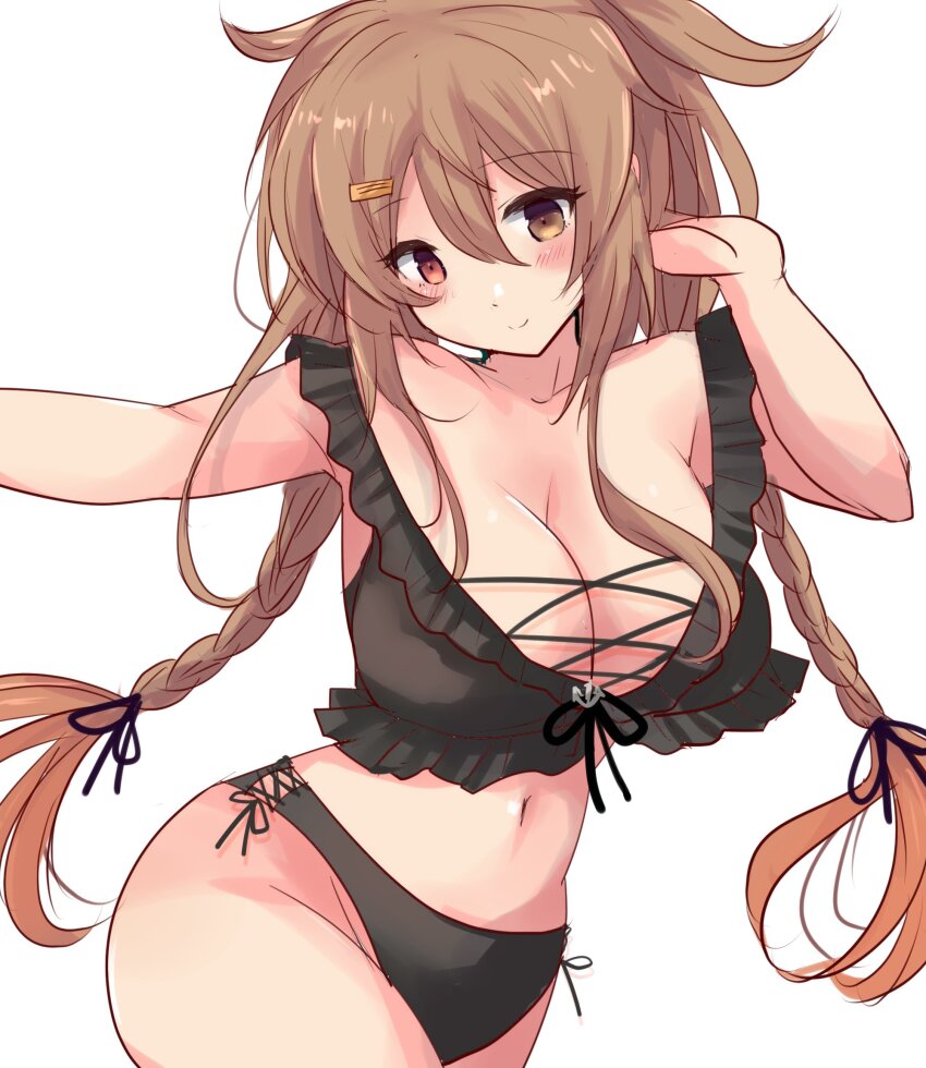 1girl, bikini, black_bikini, braid, breasts, brown_eyes, brown_hair, commentary_request