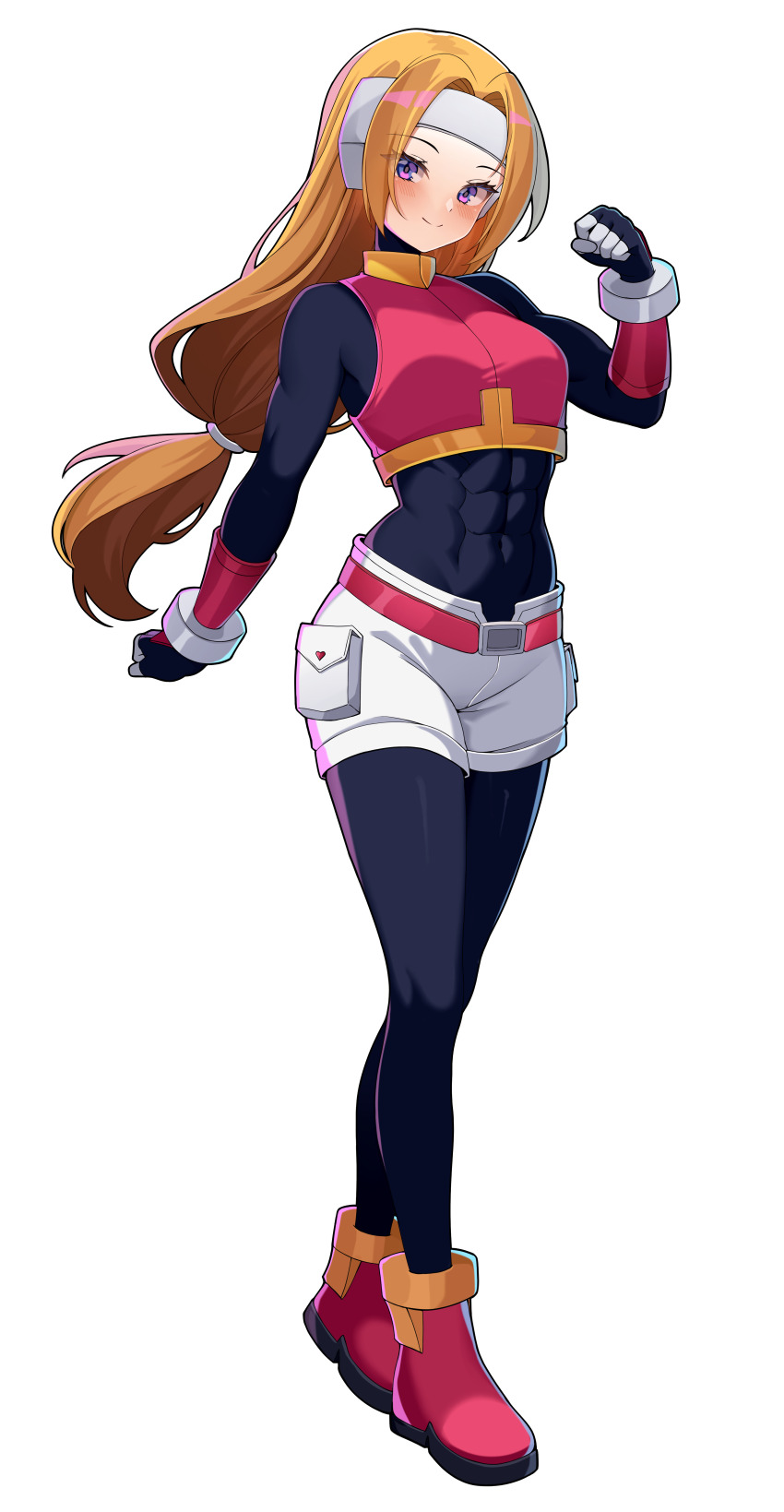 1girl, abs, absurdres, belt, blonde_hair, blue_eyes, bodystocking, boots, breasts, cargo_shorts, commission, commissioner_upload, covered_navel, crop_top, cynthia_(mega_man_zx_zeta), eyelashes, full_body, gauntlets, gloves, headband, highres, long_hair, mechanical_ears, mega_man_(series), mega_man_zx, muscular, muscular_female, non-web_source, original, petite, ponytail, shorts, sleeveless, small_breasts, smirk, smug, solo, thighs, transparent_background, wayanfa