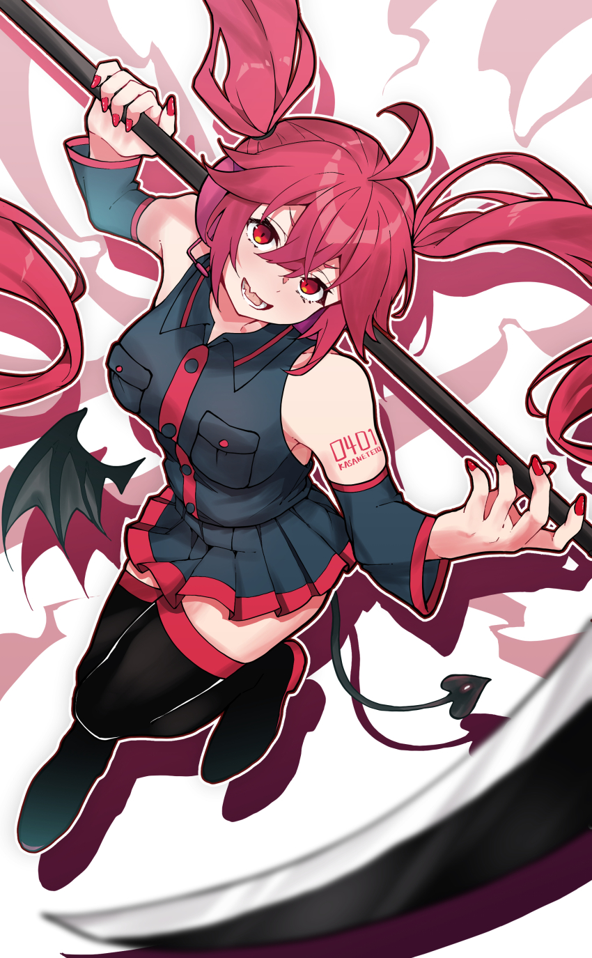 1girl, absurdres, ahoge, alternate_hairstyle, bare_shoulders, black_boots, black_shirt, black_skirt