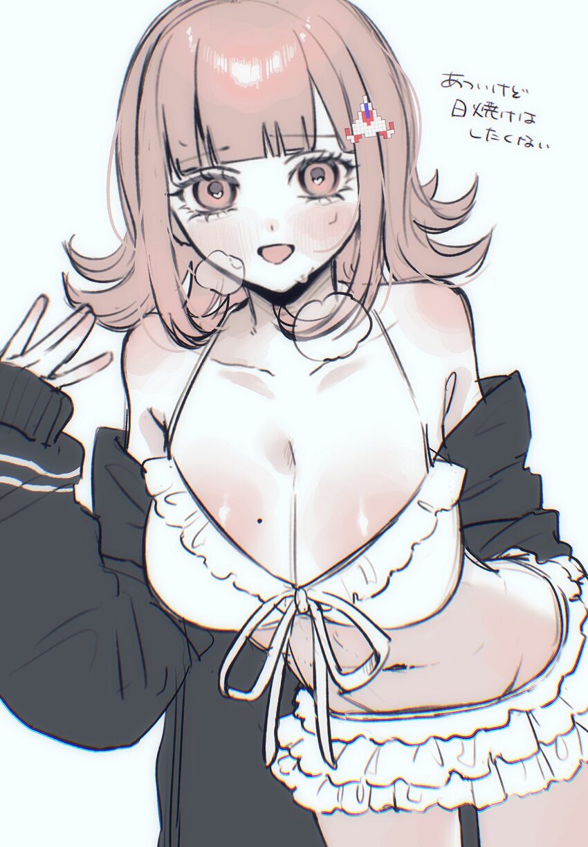 1girl, :d, bikini, black_jacket, blunt_bangs, blush, breasts, brown_hair, cleavage, collarbone, danganronpa_(series), danganronpa_2:_goodbye_despair, dn0lt, flipped_hair, hair_ornament, hand_up, heart, heart_in_eye, highres, jacket, large_breasts, long_sleeves, looking_at_viewer, medium_hair, mole, mole_on_breast, nanami_chiaki, open_clothes, open_jacket, open_mouth, pink_eyes, simple_background, smile, solo, swimsuit, symbol_in_eye, upper_body, white_background, white_bikini